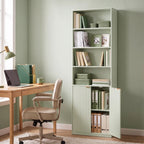 Light green standing bookcase with open shelves and door cabinet for books and storage
