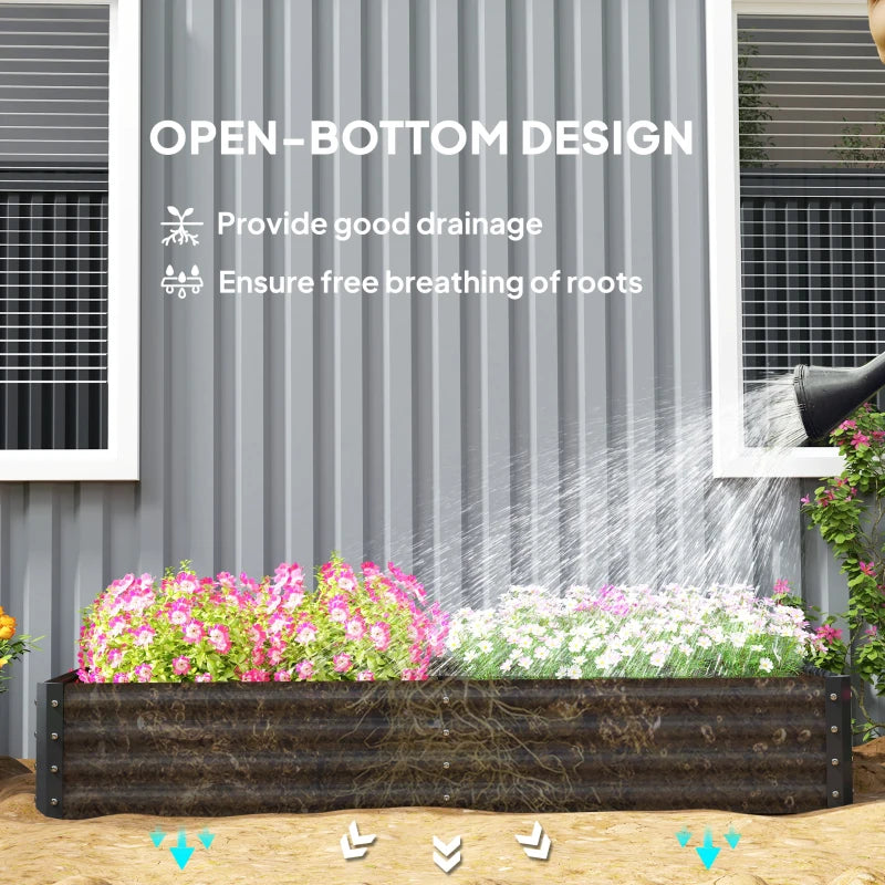 Dark grey galvanised steel open planter with flowers and visible drainage water flow
