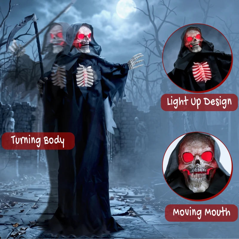 Touch-activated grim reaper figure with red glowing skull, moving mouth, and light-up design