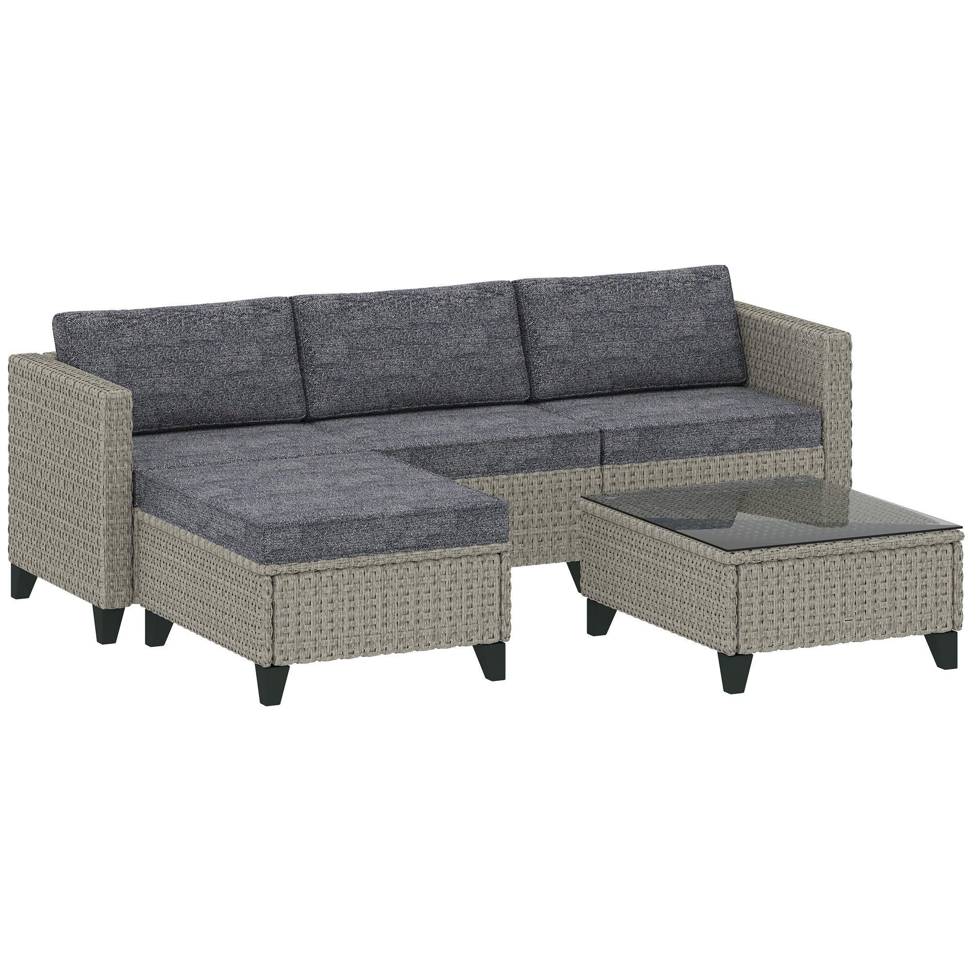5-Piece Rattan Patio Furniture Set with Corner Sofa, Footstools, Coffee Table, for Poolside, Dark Grey - Bobobiy