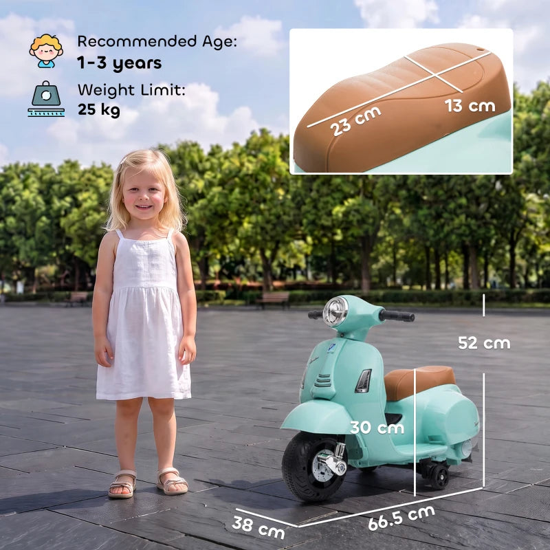 Green kids electric ride-on motorbike scooter with brown seat, shown with child and size guides
