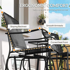 Black patio gliding chair with sloping backrest and smooth armrests, close-up