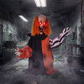 Halloween animatronic clown with orange hair, glowing red eyes, black-and-orange suit, arms out