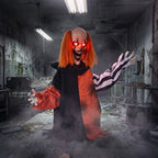 Halloween animatronic clown with orange hair, glowing red eyes, black-and-orange suit, arms out