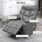 Light grey recliner with thick padding, cup holder, and side pocket