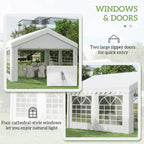 White party tent with four cathedral-style windows and two zippered doors