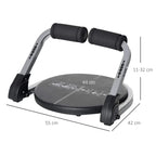 Foldable ab crunch trainer with gray frame, black round cushion, and padded handle bars.