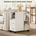 White printer cart with open shelves and two drawers, used as a side table on wheels