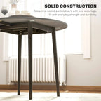 Grey round drop-leaf folding dining table with wood legs, underside and support detail