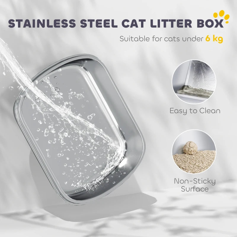 Stainless steel cat litter box insert with dark grey hood and open top