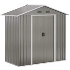 Grey metal garden storage shed with double sliding doors and roof vents