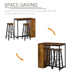 Rustic brown bar table with two round-top bar stools tucked under the tabletop