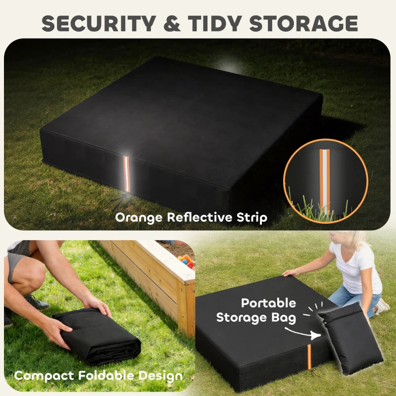 Black foldable sandbox cover with orange reflective strip and storage bag