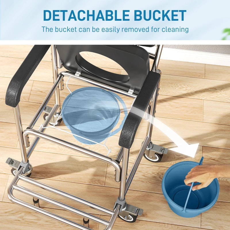 Black commode chair with textured padded seat and detachable blue bucket
