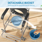 Black commode chair with textured padded seat and detachable blue bucket
