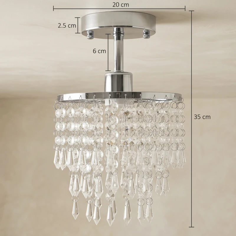 Silver-tone flush ceiling mount with clear crystal strands and hanging crystal drop clusters