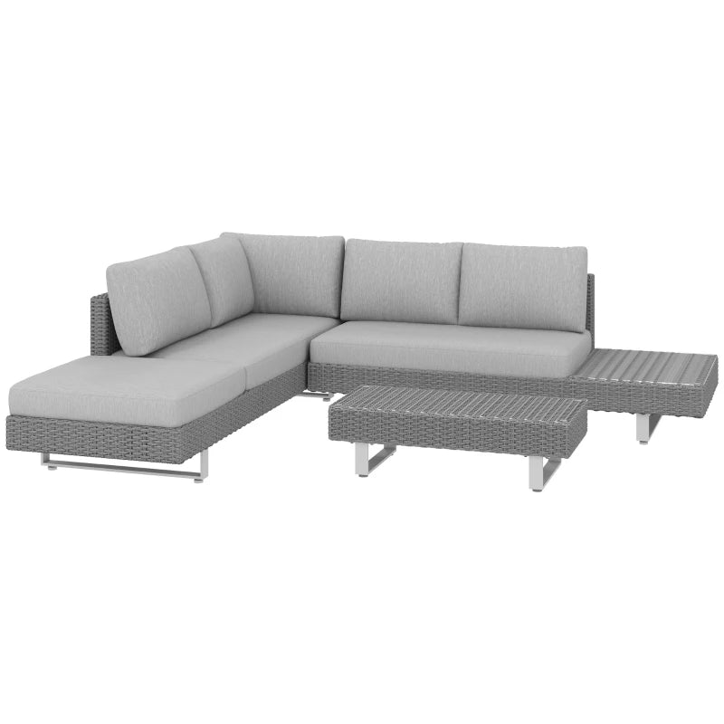 Light grey rattan corner sofa set with seat cushions and chaise ottoman