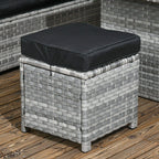 Grey rattan footstool/ottoman with black cushion on woven wicker frame