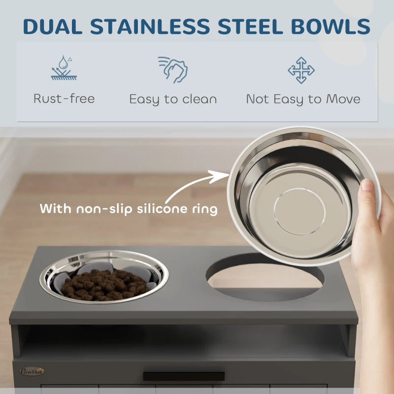 Grey raised station with dual stainless bowls and a non-slip silicone base ring
