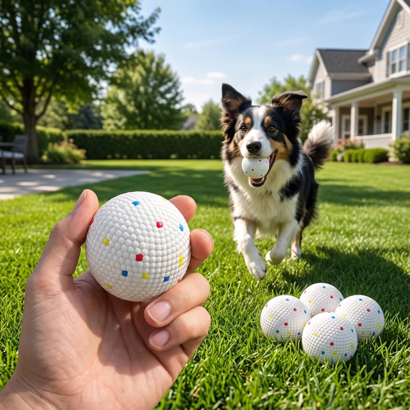 White textured dog ball with colorful dots held in hand with spare balls nearby