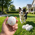 White textured dog ball with colorful dots held in hand with spare balls nearby