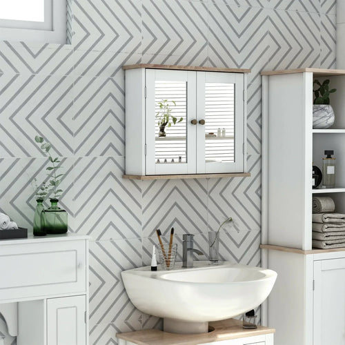 Bathroom mirror cabinet wall mounted in white with double doors and wooden top, open view