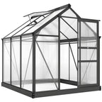 Grey polycarbonate greenhouse with sliding door and roof vent, end window