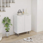 White shoe storage cupboard with two doors, open space for shoes, and gray legs