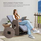 Reclining rattan garden armchair with footrest, brown wicker and blue-grey padded cushions