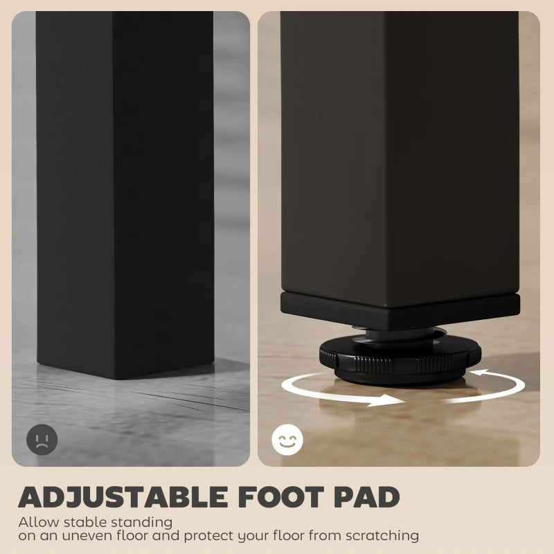 Black bar table with adjustable foot pad for stable standing on floors