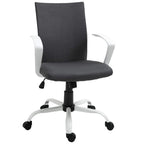 Dark grey office chair with tall back, armrests, cushioned seat, and wheeled white base