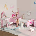 Kids pink vanity table with mirror and matching stool, with a pink princess bed