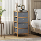 Narrow chest of drawers with bamboo frame and four light grey fabric drawers, side view