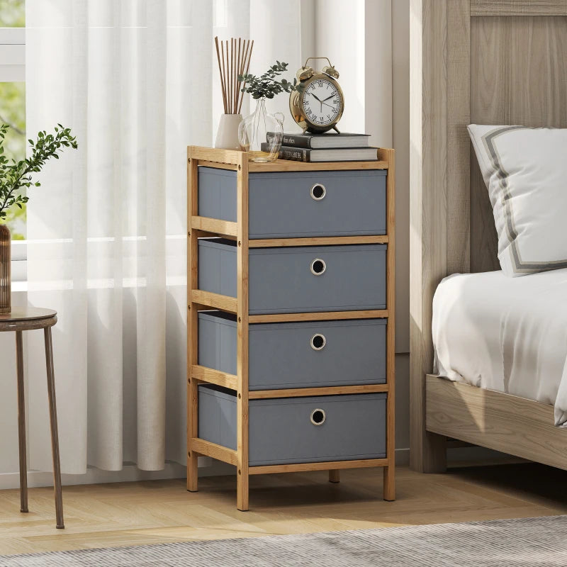 Narrow chest of drawers with bamboo frame and four light grey fabric drawers, side view