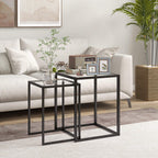 Black nesting end tables set of 2 with clear tempered glass tabletop and open steel frame