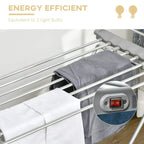 Electric heated drying rack with control switch on rail and grey towel laid on bars