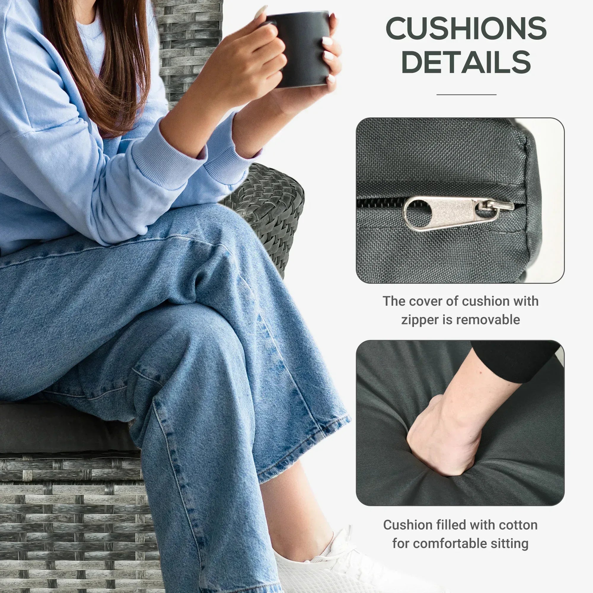 3 Pieces Rattan Bistro Set, Wicker Garden Furniture Set with 2-Tier Coffee Table and Chairs, Washable Cushions, for Outdoor Patio Balcony, Mixed Grey - Bobobiy