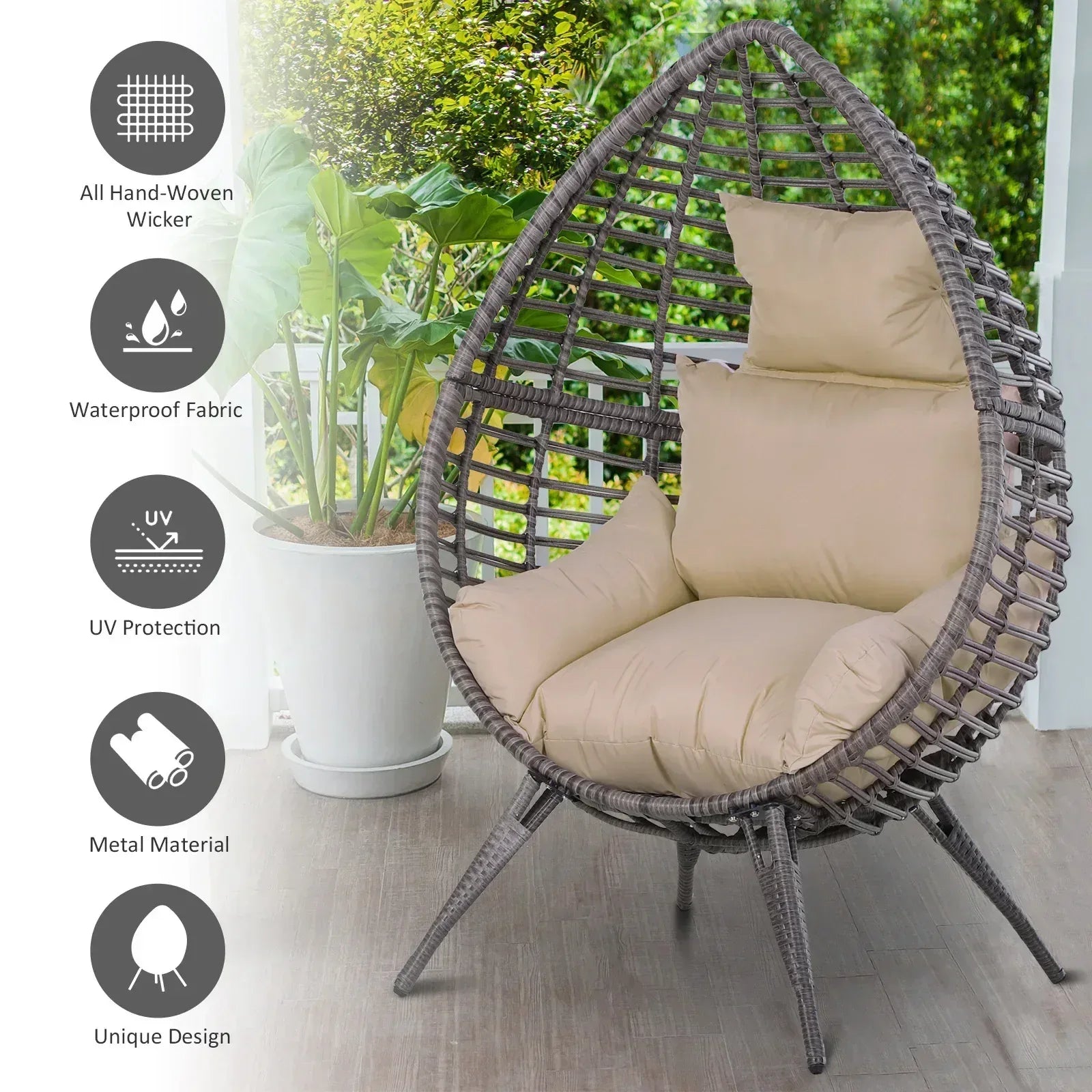 Garden Egg Chair, Teardrop Outdoor PE Rattan Chair with Full-body Soft Padded Cushion, Grey - Bobobiy