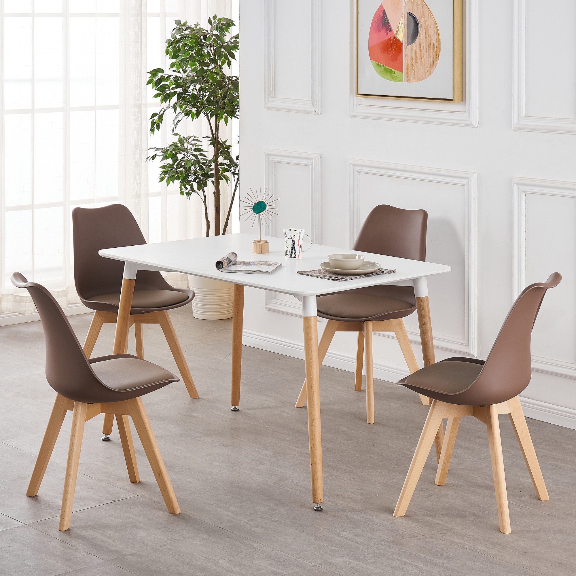 5PCs Dining Set - a White Halo Dining Table & Set of 4 Lorenzo Tulip Dining Chairs with Padded Seat