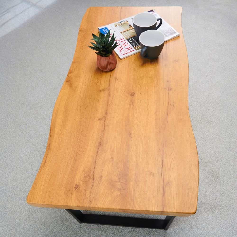 Greenhurst Live Edge Coffee Table – Oak Effect with Steel Frame, 100cm