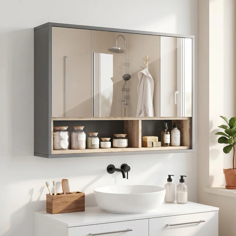 Grey wall-mounted mirror bathroom cabinet with three doors mounted above a sink
