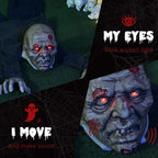 Creepy zombie Halloween prop face with glowing red eyes and pale skin, grey fabric