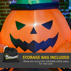 Close-up inflatable jack-o'-lantern pumpkin face with black witch hat