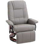 Grey reclining swivel chair with footrest and padded armrests, upholstered in cloth.