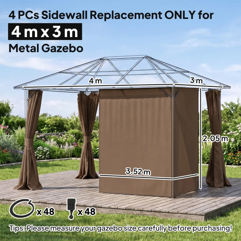 Dark brown gazebo sidewall privacy panels hanging on a metal frame