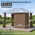 Dark brown gazebo sidewall privacy panels hanging on a metal frame
