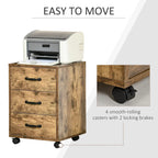 Rustic brown file cabinet with three drawers, black handles, and four casters with brakes