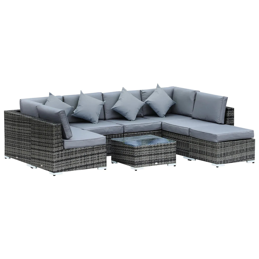 8 Piece Rattan Corner Sofa Set with Wide & Deep Seat, Assembled Aluminium PE Rattan Garden Furniture Set with Thick Cushions and Glass Top Table for Outdoor, Conservatory, Grey - Bobobiy