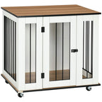 White dog crate end table with wood top, black metal bars, and rolling casters