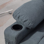 Grey upholstered armrest with built-in cup holder opening